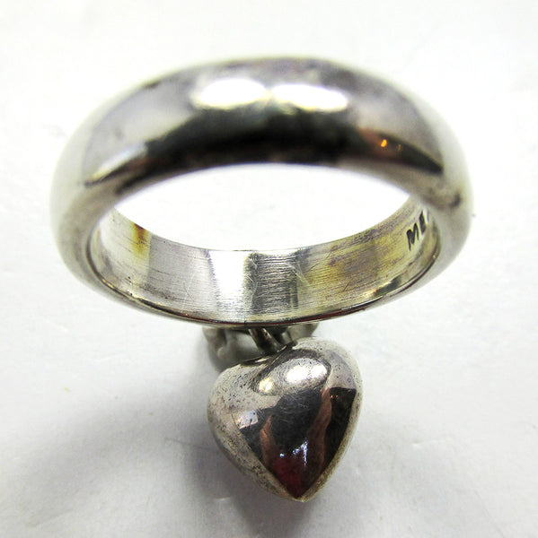 Vintage 1980s Mexico Sterling Silver Heart Charm Fashion Ring - Back
