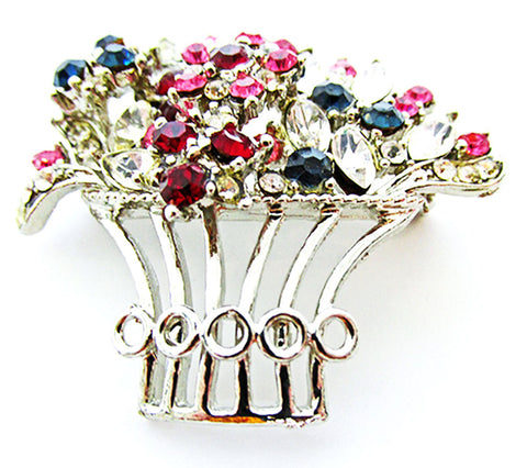 Delightful 1960s Vintage Multi Colored Diamante Floral Basket Pin - Front