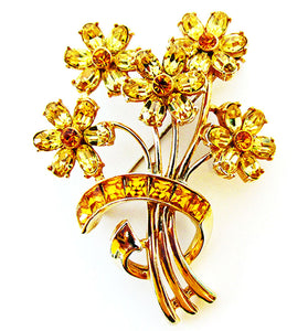 Exquisite 1950s Vintage Sparkling Citrine Diamante Floral Bouquet Pin - Front