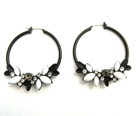 Vintage 1990s Diamante and Japanned Floral Hoop Earrings - Front