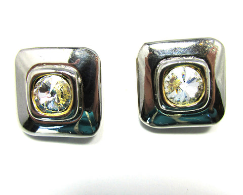 1960s Vintage Diamante Clip-On Button Style Geometric Earrings - Front