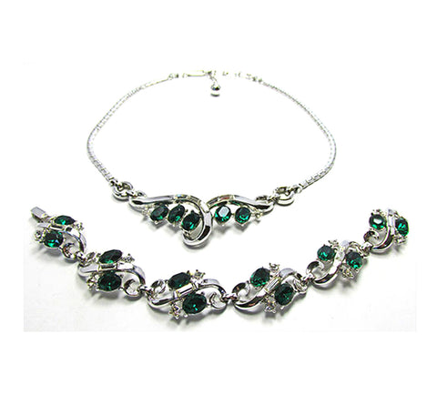 Trifari 1950s Clear and Emerald Diamante Necklace and Bracelet - Front