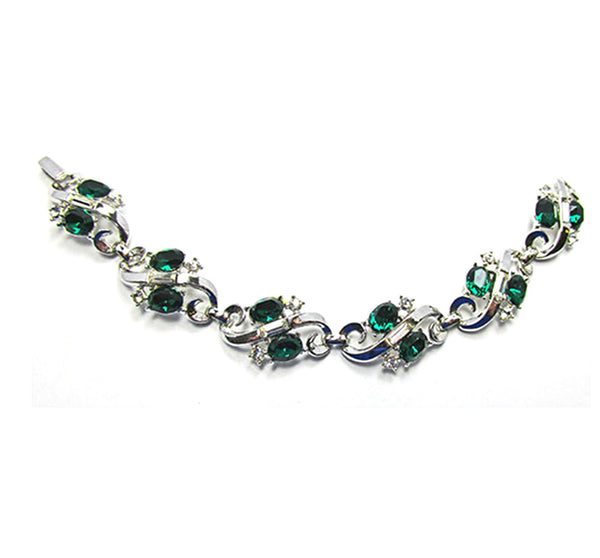 Trifari 1950s Clear and Emerald Diamante Necklace and Bracelet - Front of Bracelet