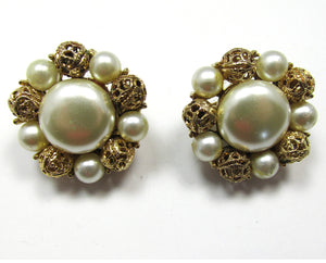 Signed Coro 1950s Designer Pearl and Gold Filigree Bead Earrings - Front
