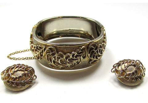 Mid-Century 1950s Exquisite Gold Cuff Bracelet and Earrings Set - Front