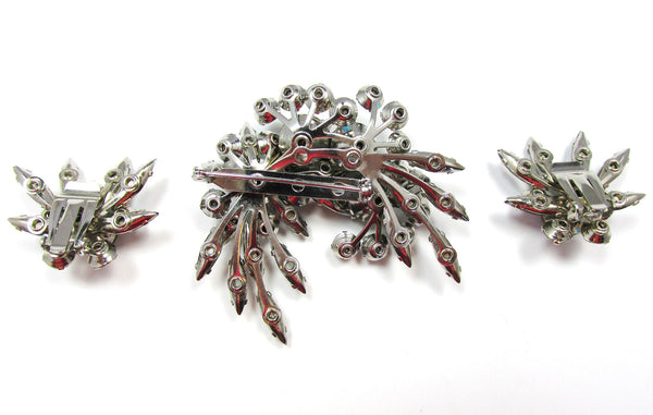 1960s Vintage Juliana Designer Diamante Floral Pin and Earrings - Back