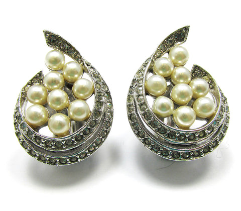 Jomaz 1950s Vintage Mid-Century Diamante and Pearl Earrings - Front