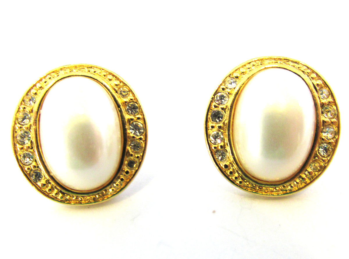 Signed Marvella 1970s Designer Diamante and Pearl Pierced Earrings