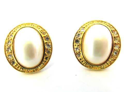 Signed Marvella 1970s Designer Diamante and Pearl Pierced Earrings - Front