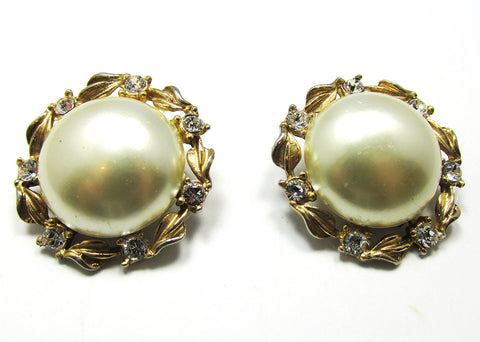 Vintage 1950s Mid-Century Diamante and Pearl Clip-On Earrings - Front