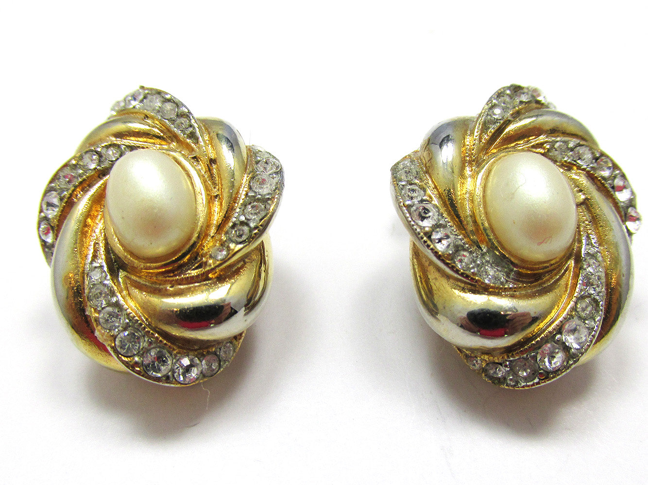 Sensational 1960s Vintage Pearl Cabochon and Diamante Earrings - Front