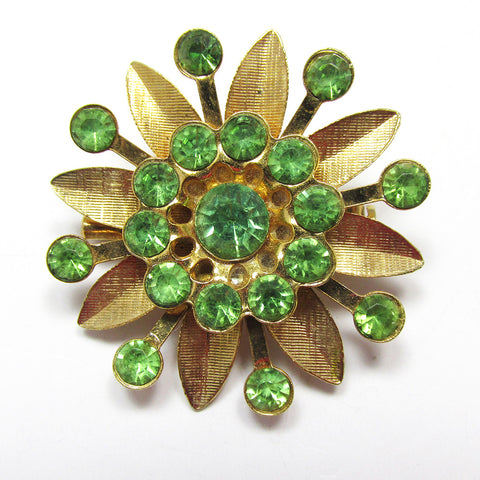Distinctive Vintage 1950s Sparkling Peridot Diamante Floral Pin - Front
