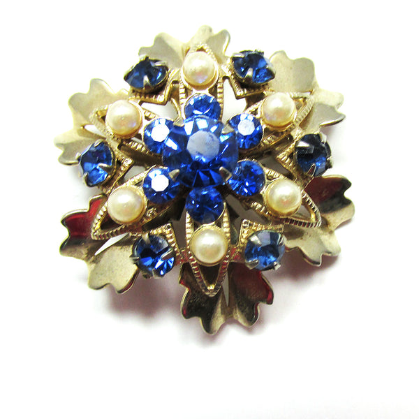 Timeless Dainty 1950s Sapphire-Blue Diamante and Pearl Floral Pin - Front