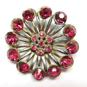 Striking Mid-Century 1950s Vintage Pink Diamante Floral Pin - Front