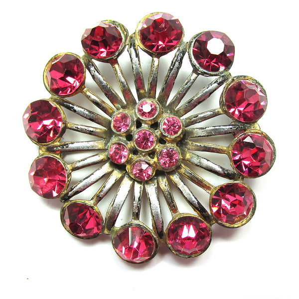 Striking Mid-Century 1950s Vintage Pink Diamante Floral Pin - Front