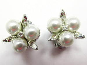 1960s Luxurious Vintage Diamante and Pearl Floral Earrings - Front