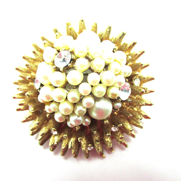 Eye-Catching 1950s Vintage Pearl and Diamante Sea Urchin Pin - Front