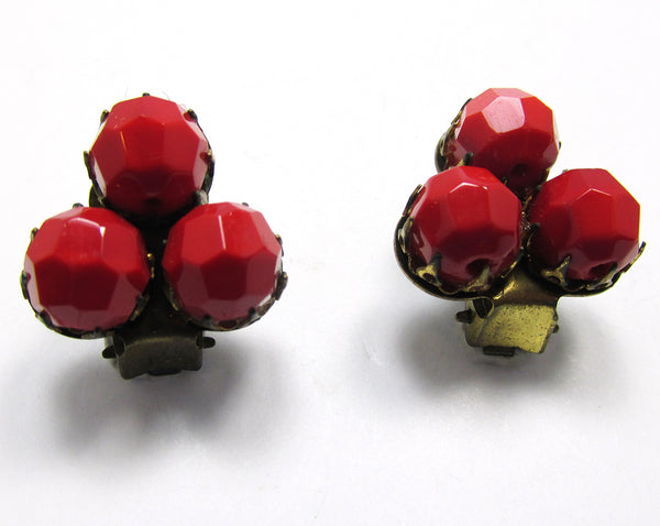 W. Germany Signed 1950s Vintage Red Button Glass Bead Earrings - Front