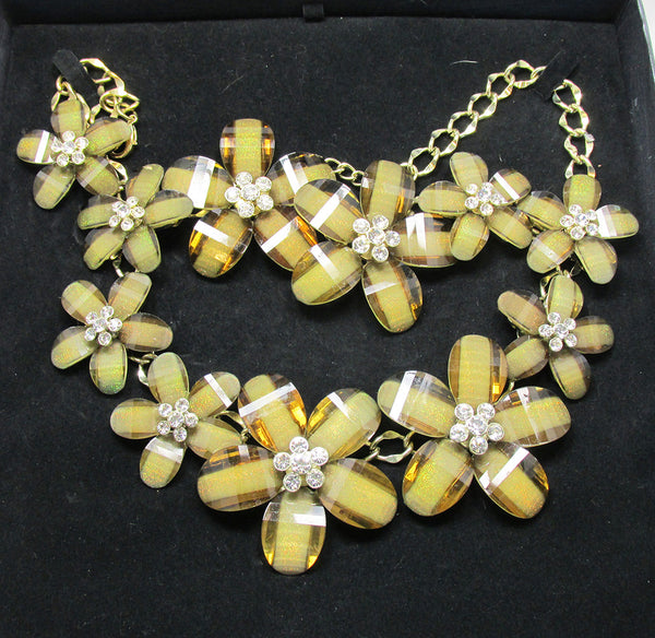 Signed Kenneth Jay Lane 1970s Magnificent Runway Floral Bib Necklace - Front in Box