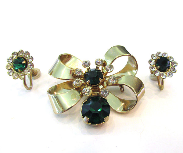 Mid-Century Vintage 1950s Diamante Drop Ribbon and Earrings Set - Front