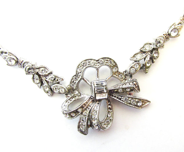 Attractive 1930s Art Nouveau Style Pot Metal Diamante Bow Necklace - Close Up