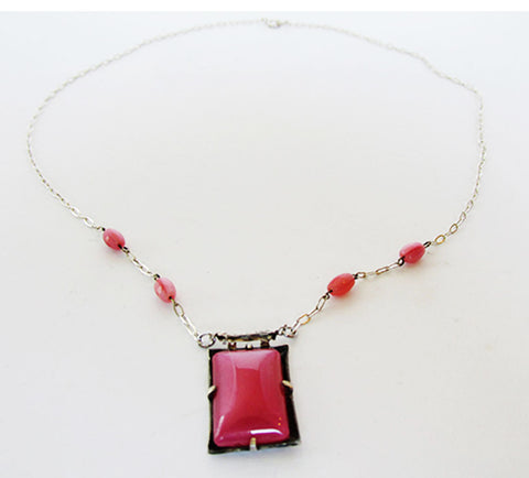 Vintage 1940s Jewelry - Delicate Rhodonite and Sterling Necklace - Front