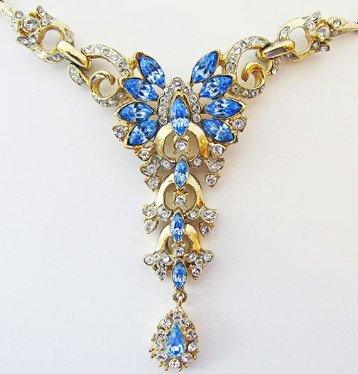 Coro Vintage Mid Century 1940s Sapphire Blue Drop Necklace