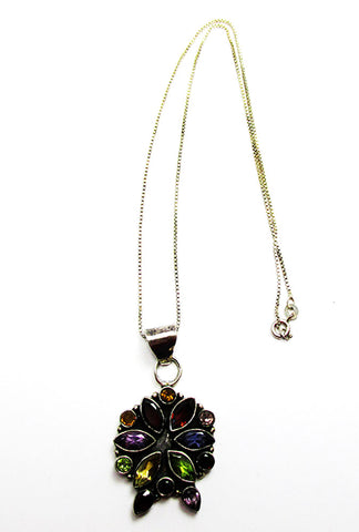 Vintage 1980s Contemporary Style Gemstone and Sterling Floral Pendant - Front