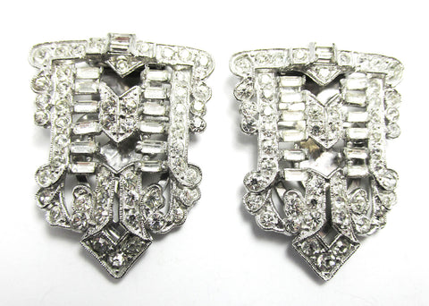 Sparkling 1930s Vintage Pair of Art Deco Clear Diamante Dress Clips - Front