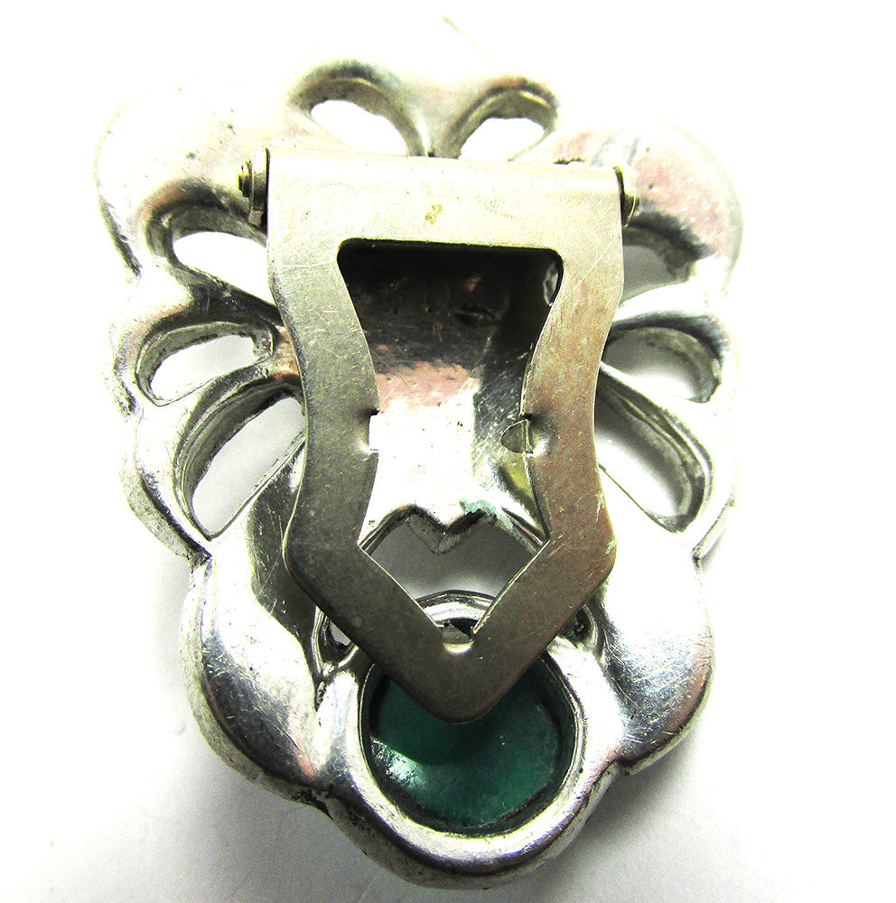 Vintage 30s Dress Clip w/ Antique Pressed Swirl Glass & Rhinestones