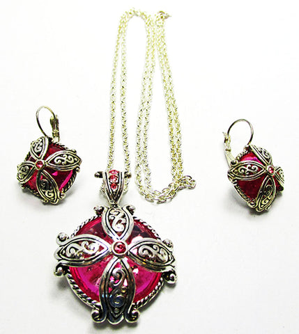 Vintage 1960s Jewelry Dramatic Hot Pink Diamante Pendant and Earrings - Front