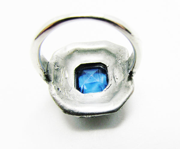 Rare 1930s Art Deco Style Blue and Clear Diamante Pot Metal Ring - Back