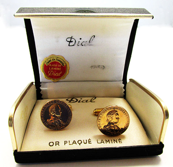Dial 1950s Vintage Men's Jewelry Mid-Century Louis XIII Gold Cufflinks - Original Box
