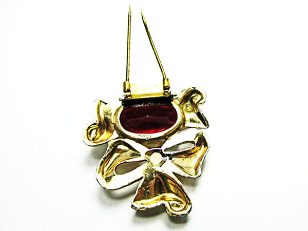Coro Vintage 1940s Designer Jewelry Ruby Red Diamante Bow Fur Clip - Back