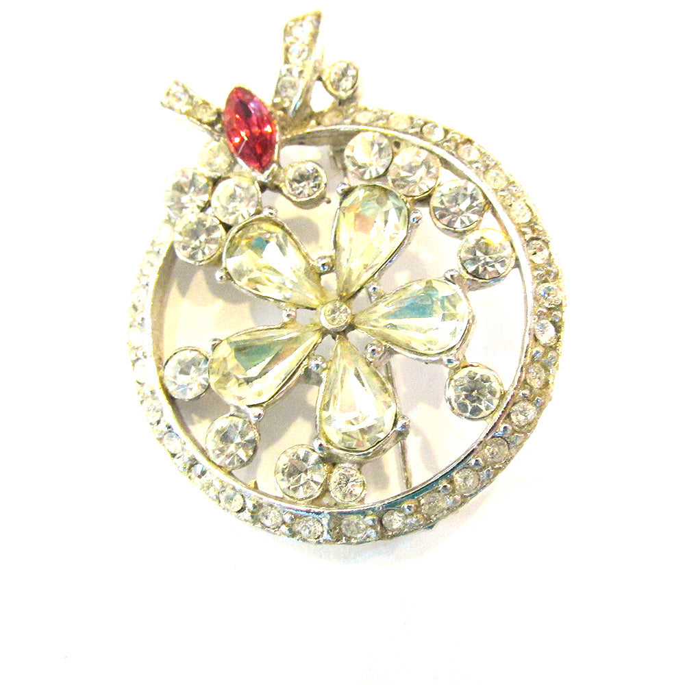 Eye-Catching Vintage 1950s Retro Diamante Floral Circle Pin - Front