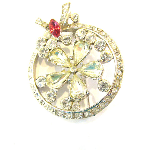 Eye-Catching Vintage 1950s Retro Diamante Floral Circle Pin - Front