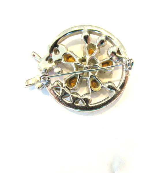 Eye-Catching Vintage 1950s Retro Diamante Floral Circle Pin - Back