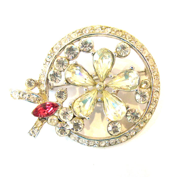 Eye-Catching Vintage 1950s Retro Diamante Floral Circle Pin - Front