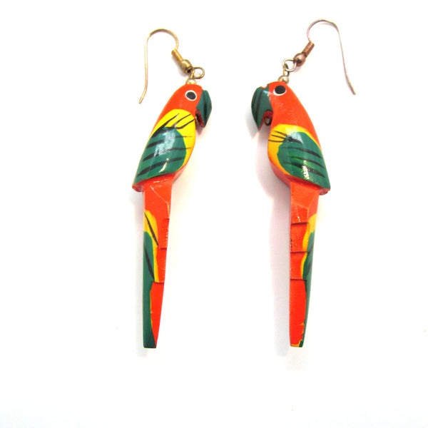 Vintage 1980s Wooden Painted Figural Parrot Earrings - Front and Sides