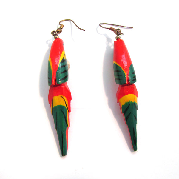 Vintage 1980s Wooden Painted Figural Parrot Earrings - Backs