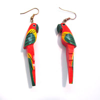 Vintage 1980s Wooden Painted Figural Parrot Earrings - Sides - Thumbnail
