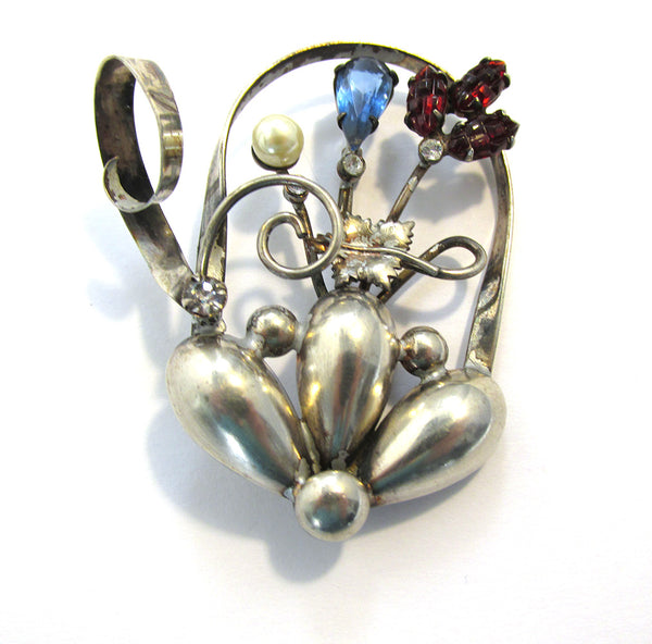 Signed Vintage 1930s Red, Blue, and Clear Diamante Floral Basket Pin - Front