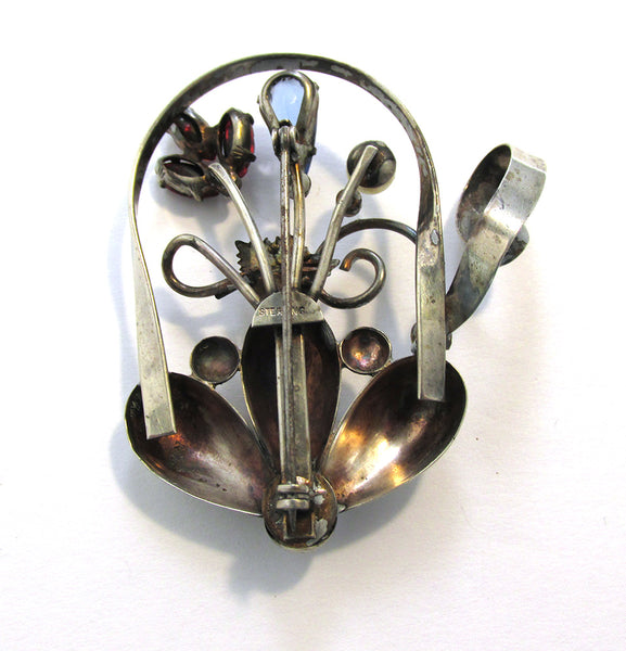 Signed Vintage 1930s Red, Blue, and Clear Diamante Floral Basket Pin - Back