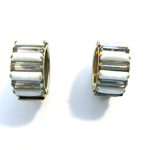 Eye-Catching 1960s Vintage Clear and White Diamante Hoop Earrings - Front