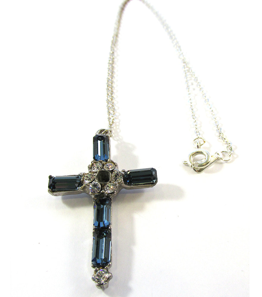 Vintage 1950s Mid-Century Sapphire Blue Diamante Cross with Chain - Front