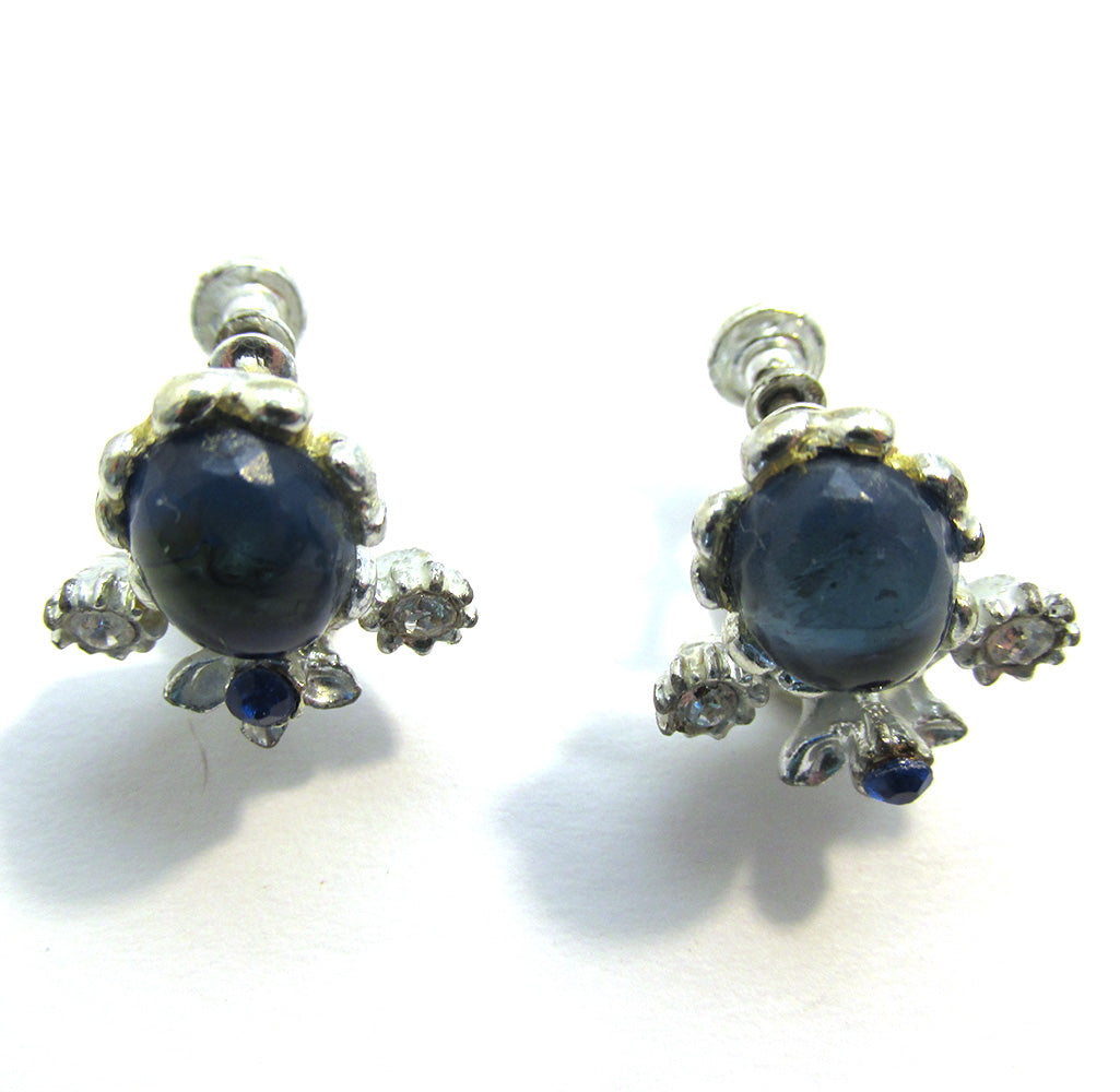 1950s Vintage Mid-Century Sapphire Cabochon Diamante Floral Earrings - Front