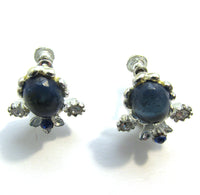 1950s Vintage Mid-Century Sapphire Cabochon Diamante Floral Earrings - Front - Thumbnail