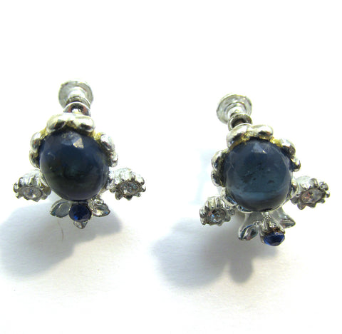 1950s Vintage Mid-Century Sapphire Cabochon Diamante Floral Earrings - Front