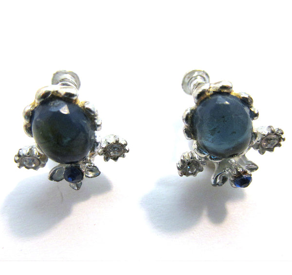 1950s Vintage Mid-Century Sapphire Cabochon Diamante Floral Earrings - Front