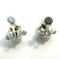 1950s Vintage Mid-Century Sapphire Cabochon Diamante Floral Earrings - Back - Thumbnail